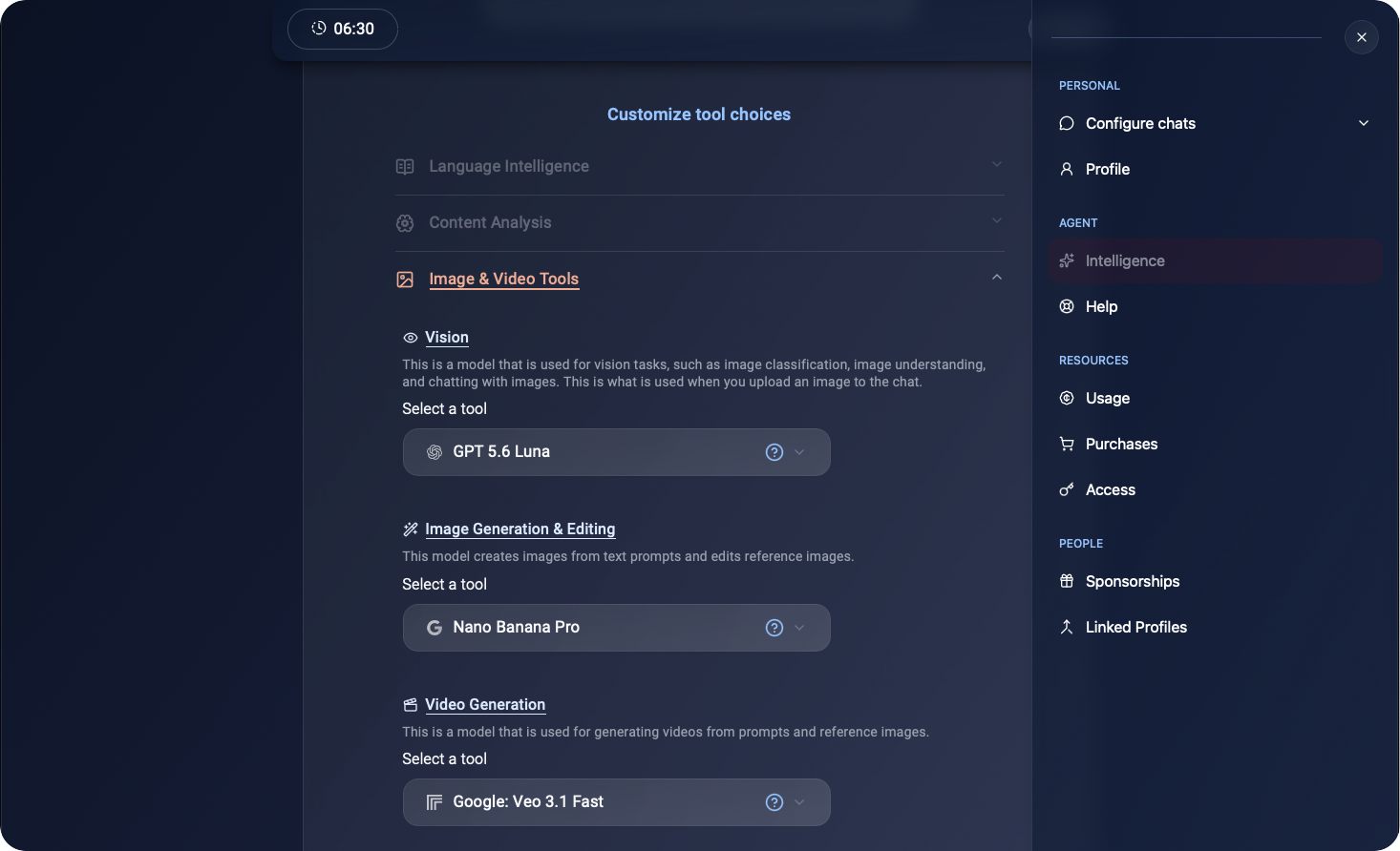 The Agent browser settings showing separate model choices for vision, image generation and editing, and video generation.