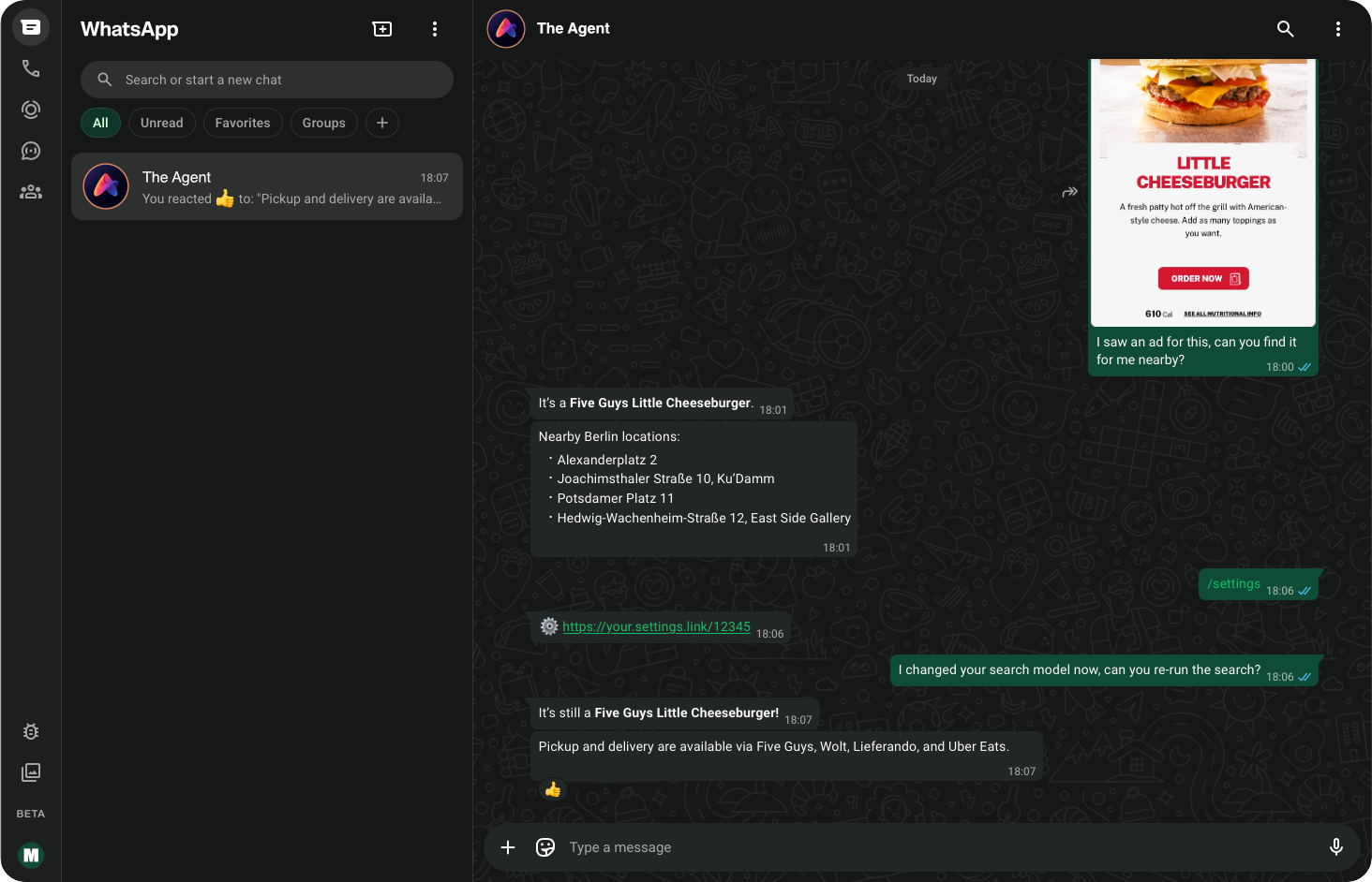 The Agent in WhatsApp identifying a restaurant from an image, finding nearby locations, and rerunning the search after a settings change.